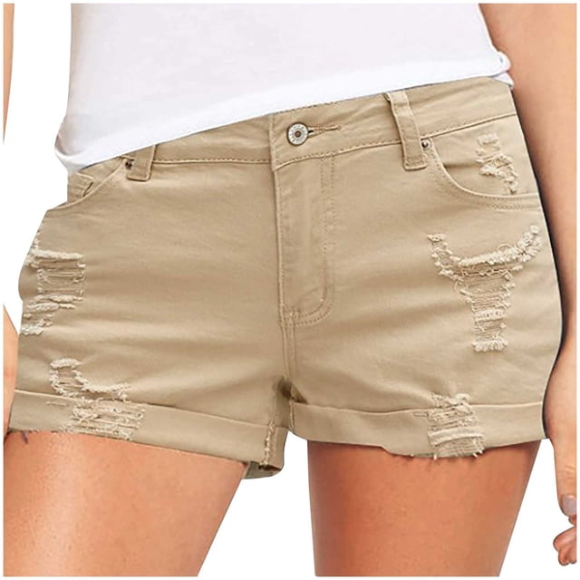 Jean Shorts Womens High Waisted Stretchy Frayed Raw Hem Ripped Denim Shorts Distressed Foldem Hem Summer Hot Short Pants
