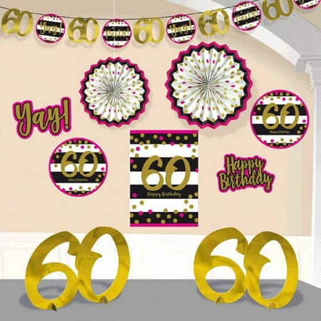 Hull Kit - Over the Hill 'Hot Pink and Gold' 60th Birthday Room Decorating Kit (10pc)