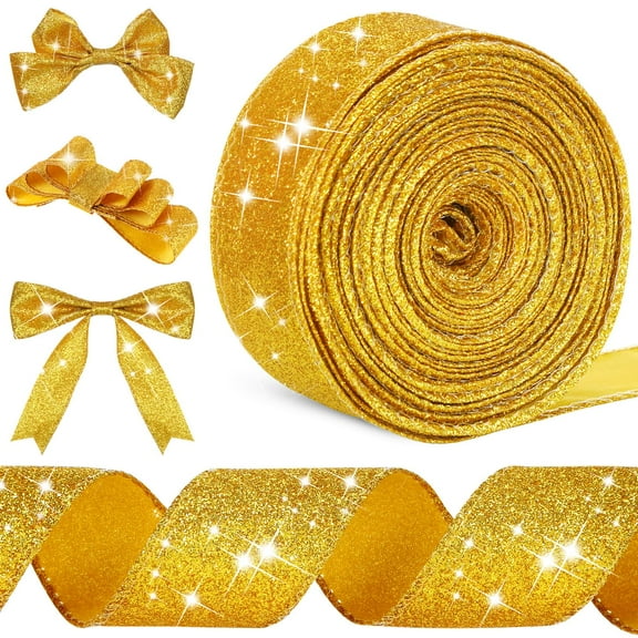 Gold Glitter Wired Ribbon for Christmas Tree Wreath Decoration Home Décor Gift Wrapping Crafts Sewing, 1.57Inch x 20 Yard