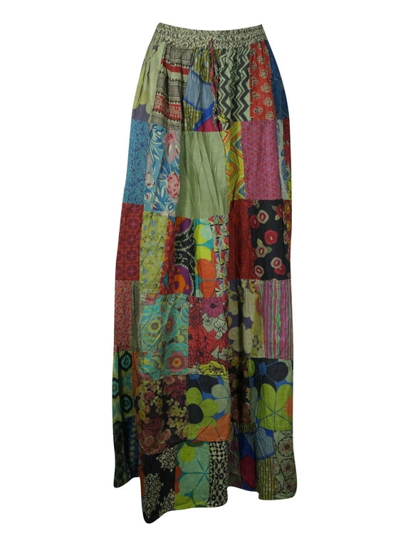 Mogul Women Bohemian Maxi Skirt Hippie Floral Patchwork Cotton Elastic Waist Multicolor Summer Skirts S/M