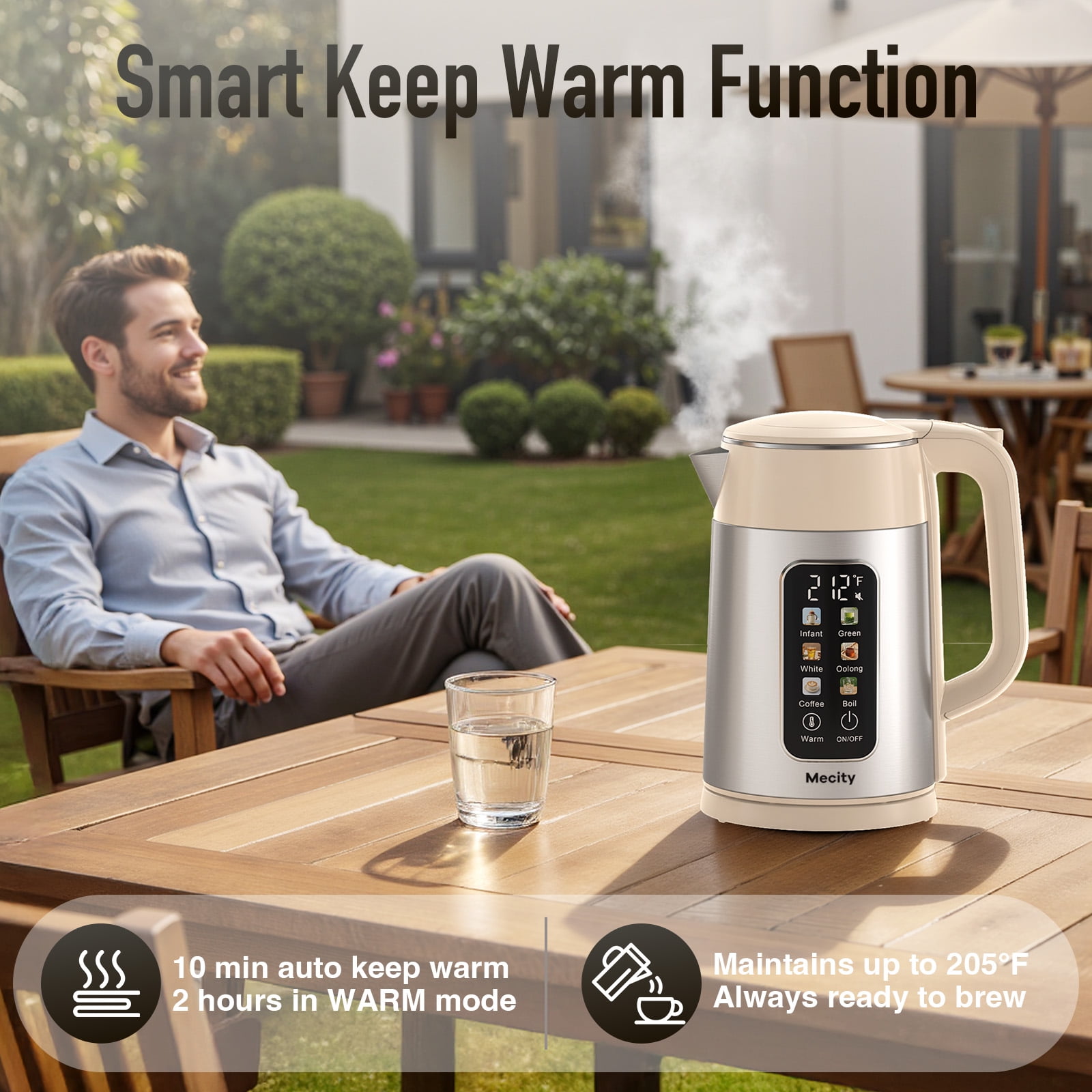 Mecity Electric Kettle Touch Screen Temperature Control Water Boiler, 6 Preset Temperature Programs, 2 Hours Keep Warm, 1.7 Liter, Cream White with Stainless Steel Body
