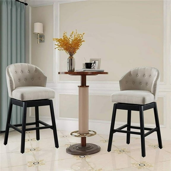 Vanity Art Kitchen Bar Stools Set of 2 Solid Wood Tufted Swivel Bar Stools Comfortable Arm Counter Barstool, Beige