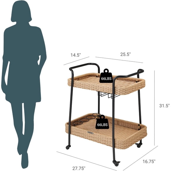 Outdoor Bar Cart with Wheels, 2-Tier Wicker Rolling Beverage Serving Cart for  Garden Deck, Natural  Style