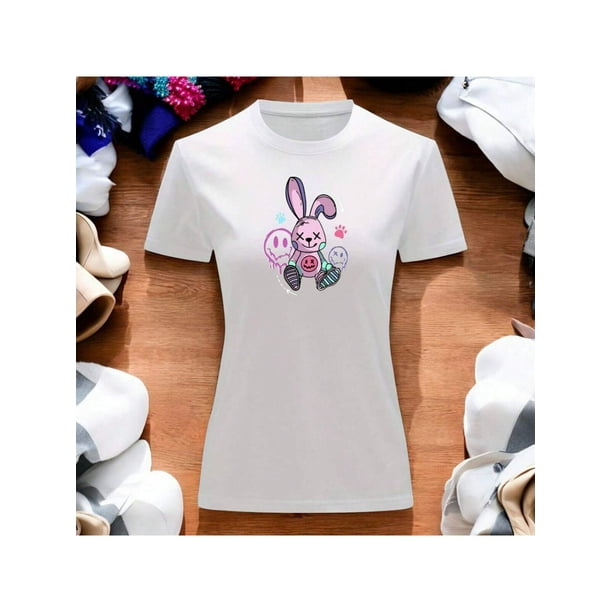 Playera Blusa Con Estampado De Conejo Kawai Con Caras Fantasmas Ropa Para Mujer Color Blanco Talla Chica Marca Emil SaEs