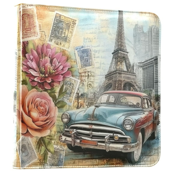 iauyy PU Leather Scrapbook Album | Expandable Binder with 20 Self-Adhesive Pages (11.8x24in)，Flowers and Car