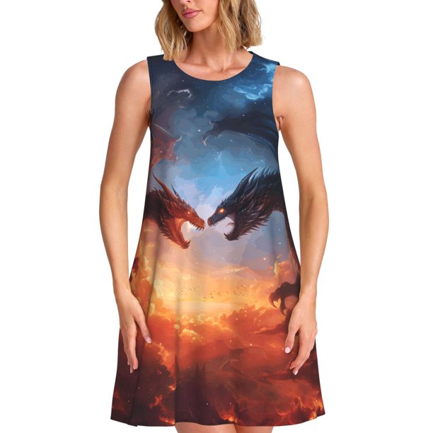Disketp Red And Blue Fire Cloud Dragon para Vestido sin Mangas para Mujeres, Vestidos de Verano para Mujeres, Casual y Holgado para la Playa