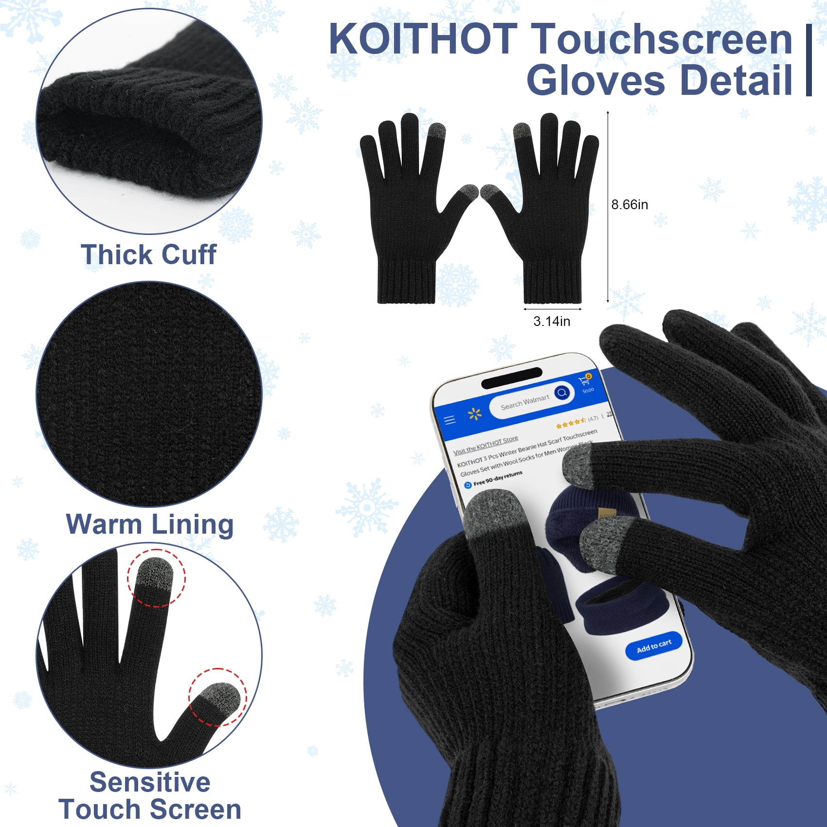 KOITHOT 3 Pcs Winter Beanie Hat with Ear Flaps Knitted Neck Warmer Touchscreen Gloves Set for Men Black