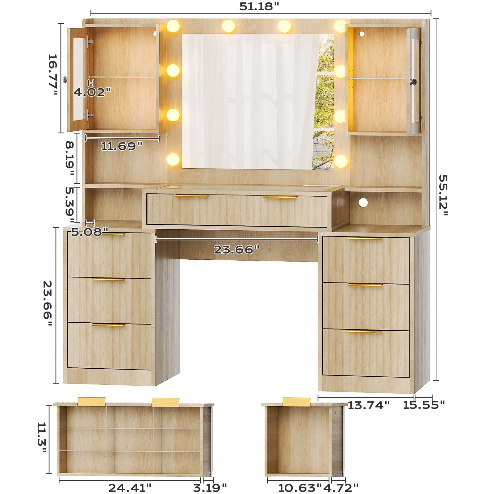 Ktaxon Large Makeup Vanity with 7 Drawers, Flutted Vanity Table Set with Lighted Mirror, Get Ready with Me, Wood Color