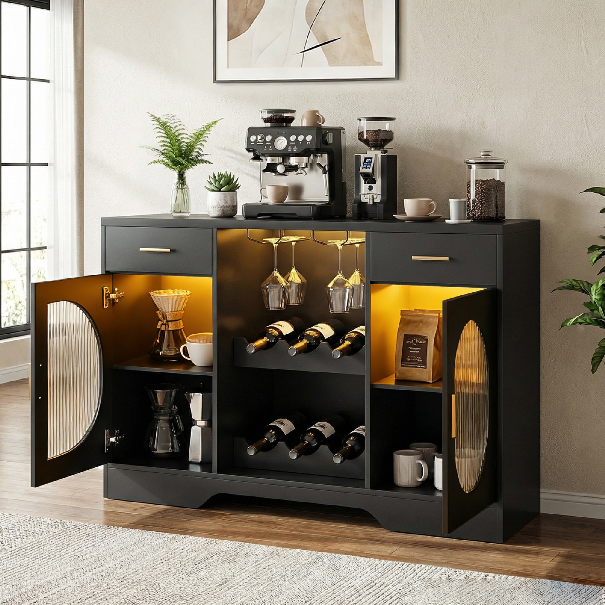 Kbun Coffee Bar Cabinet with Fridge Space, Wine Bar with LED Lights & Power Outlet, Sideboard for Home with Glass Doors, Freestanding Liquor Cabinet, Black