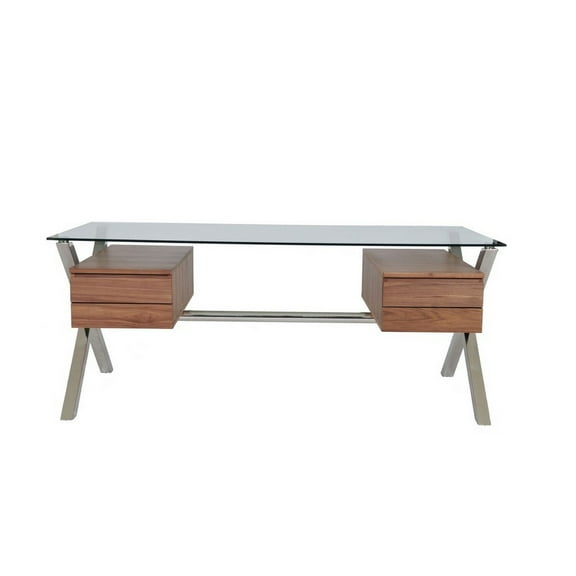 Benjara Tia 71" Large Office Desk- Glass Tempered Top- 4 Drawers- Light Brown
