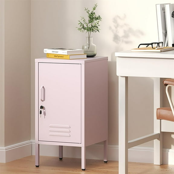Single Door Lockable Metal End Table,Modern Minimalist Room Side Table With 2 Adjustable Shelf ,Multi Storage Cabinet for Living Room Bedroom, Easy to Assemble 27.55”H x 13.78”W x 14.96”D