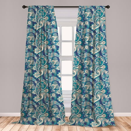 Paisley Curtains 2 Panels Set, Inspired Floral Persian Fashion Boho Art Illustration Print, Window Drapes for Living Room Bedroom, Teal Navy and Tan, by Ambesonne