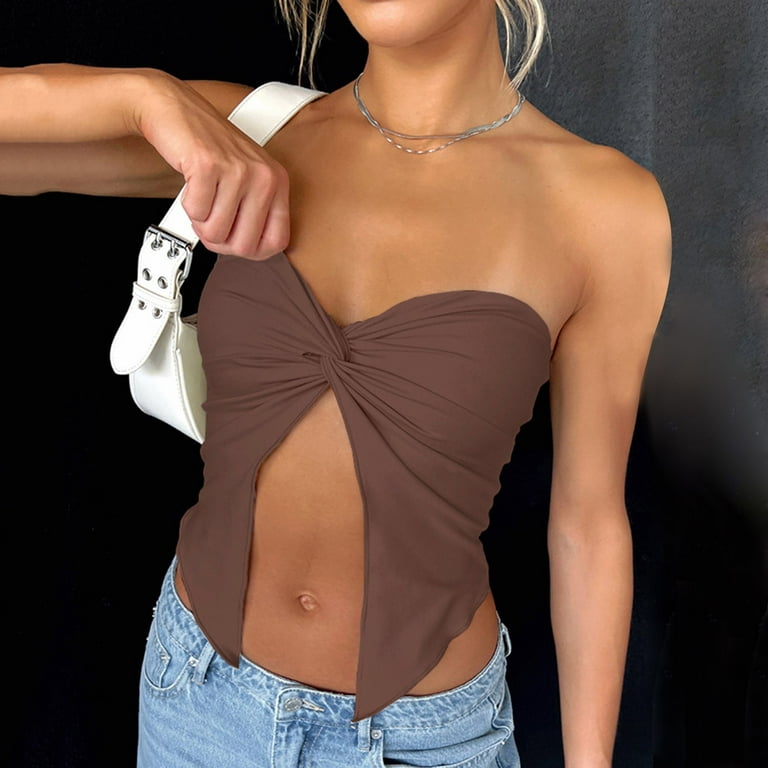 Women Tshirts Strapless Bandeau Top Casual Tube Top Ruched Going