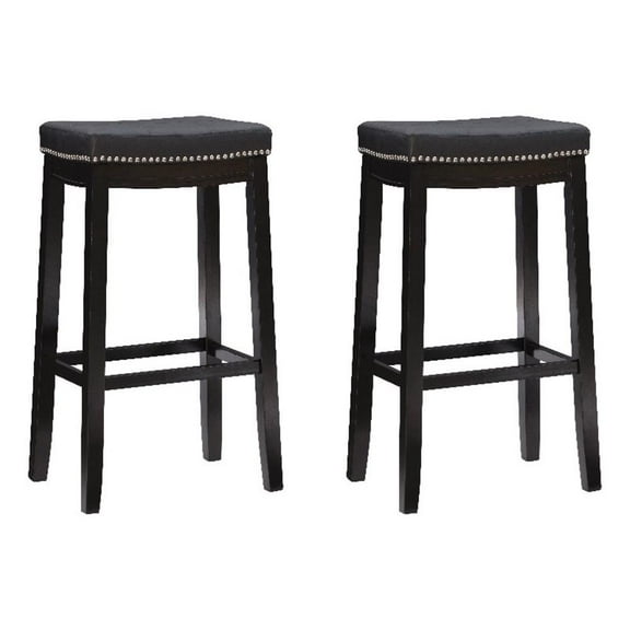 Linon Claridge Wood Set of Two Bar Stools Faux Leather Seats in Black
