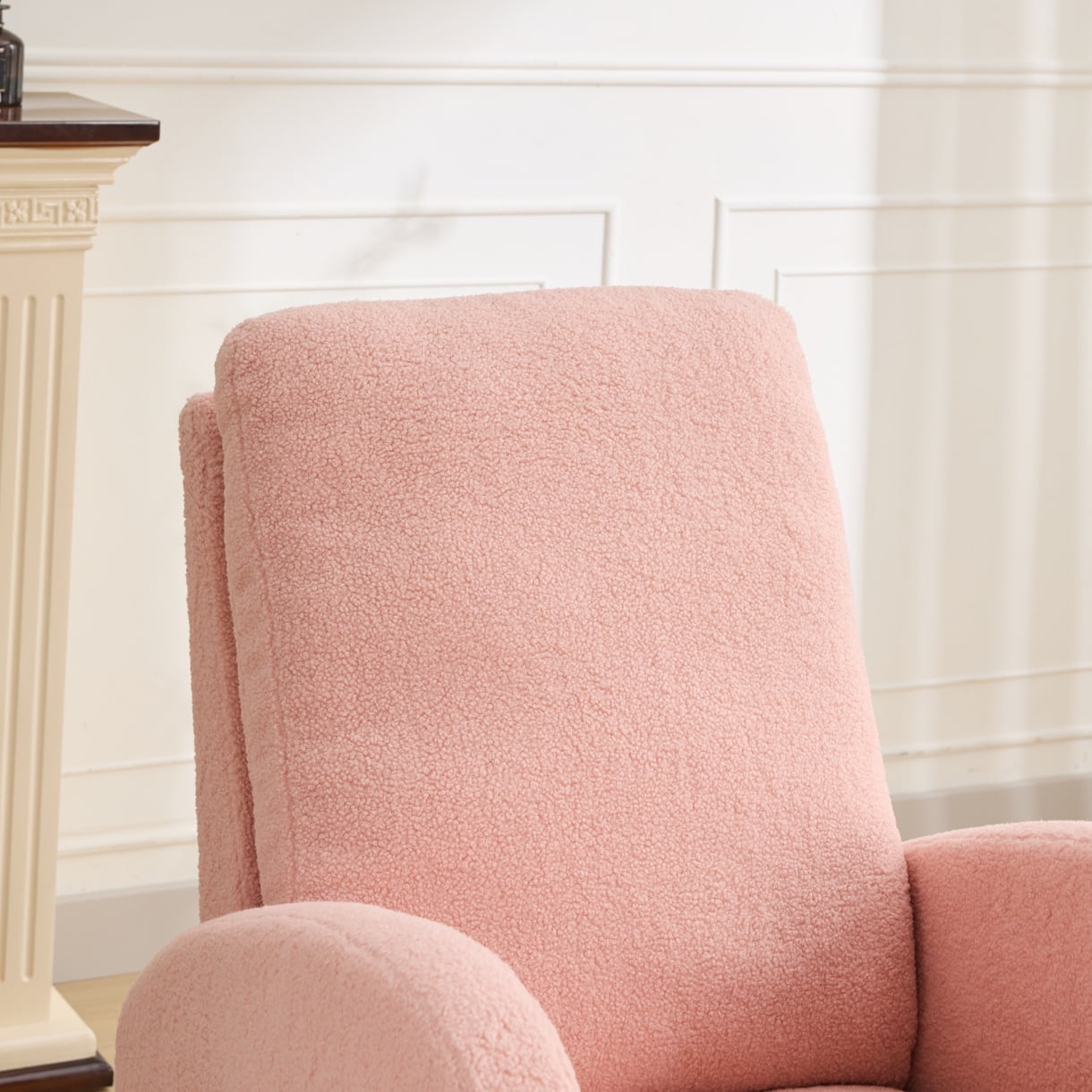 Sherpa Rocking Chair for Nursery with High Back and Side Pocket, 27.2 Inch Glider Accent Armchair with Rubber Wood Legs for Living Room or Bedroom, Pink