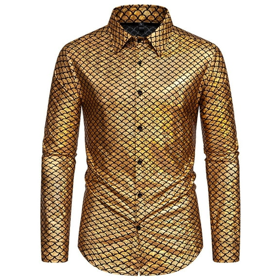 WREESH Men's Elegant Button Down Shirts Long Sleeve Casual Style with Turn-Down Collar, Pattern for a Sophisticated Gold