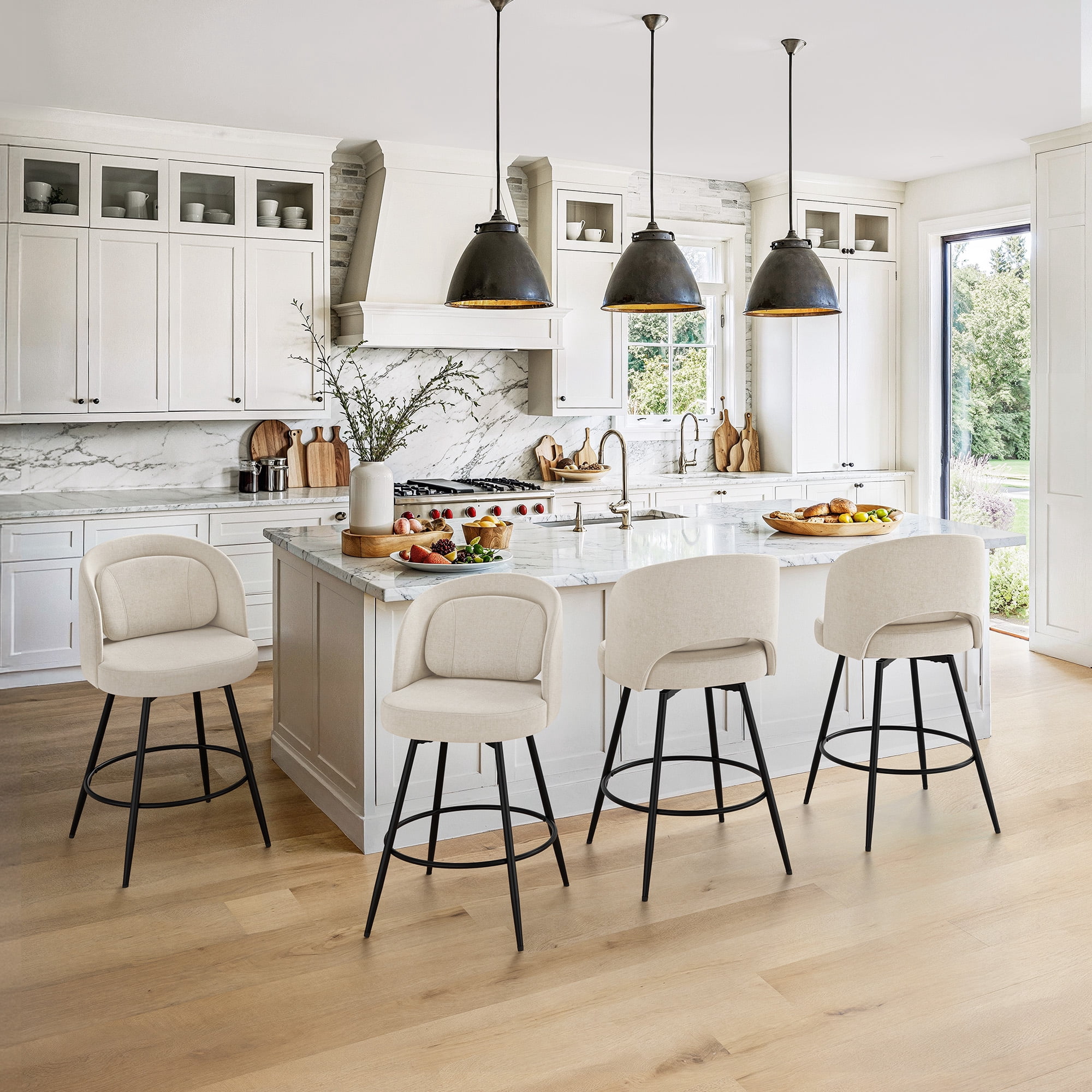 Carolayne 26.5" Swivel Bar Stools Set of 2, Modern Fabric Counter Height Bar stools with Back & Removable Cushion for Kitchen Island, Linen Color