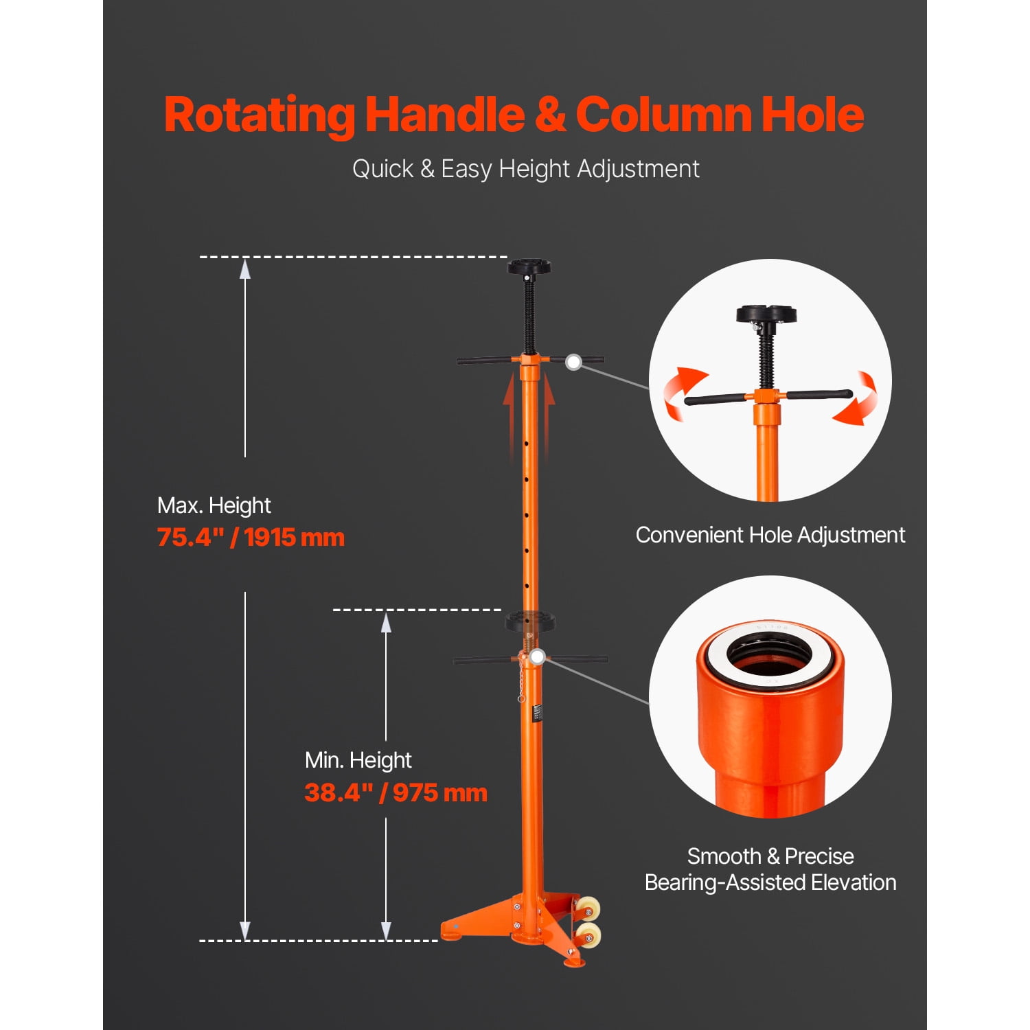 KFFKFF Support Stand for Underhoist 3/4 Ton Adjustable Height 38.4 to 75.4 in with Bearing Mounted Spin Handle Self-Locking,