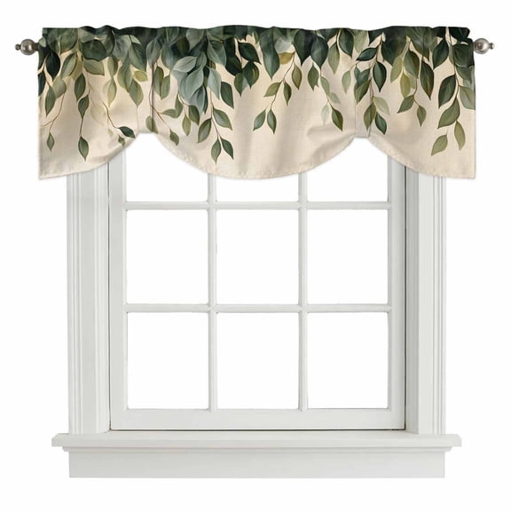 Leaf Tie Up Valance for Windows, Vintage Spring Dark Green Leaves Branch Plant Linen Texture Adjustable Rod Pocket Tie Up Valance Curtains Window Treatment for Kitchen Bathroom Bedroom 54 X 18 Inch