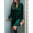 thumbnail image 6 of Women Elegant Retro Short Loose V-Neck Long Sleeve Velvet Solid Color Dress Fall Winter Fashion Clothing Dark Green L, 6 of 9