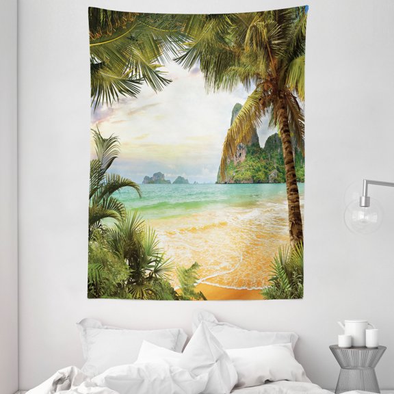 Ocean Tapestry, Palm Coconut Trees and Ocean Waves Mountains on Paradise Island Beach Image, Wall Hanging for Bedroom Living Room Dorm Decor, 60W X 80L Inches, Green Brown Cream, by Ambesonne