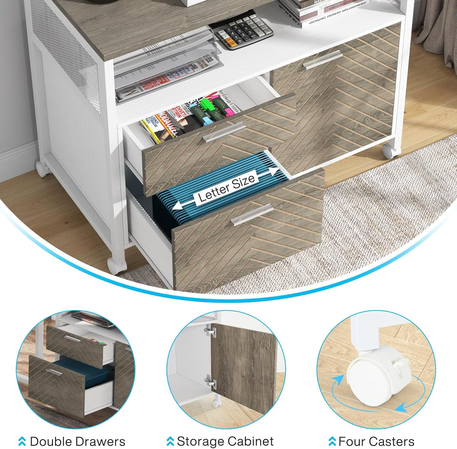 Tribesigns Modern File Cabinet with Drawers and Storage Shelves, Cabinet with Door, Rolling Caster (Gray & White)