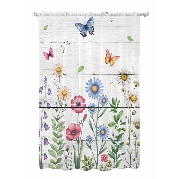 Sheer Curtains 63 Inch Length, Spring Floral Semi Sheer Curtains Light Filtering Window Treatment, Pink Blue Flowers Butterfly Wooden Privacy Voile Drapes for Living Room Bedroom 52x63 Inch