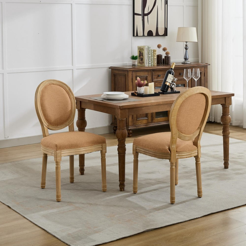 French Style Dining Chairs Set of 2, Solid Wood Upholstered Dining Room Chairs with Linen Fabric, Cushioned Backrest, Antique Finish, Tan