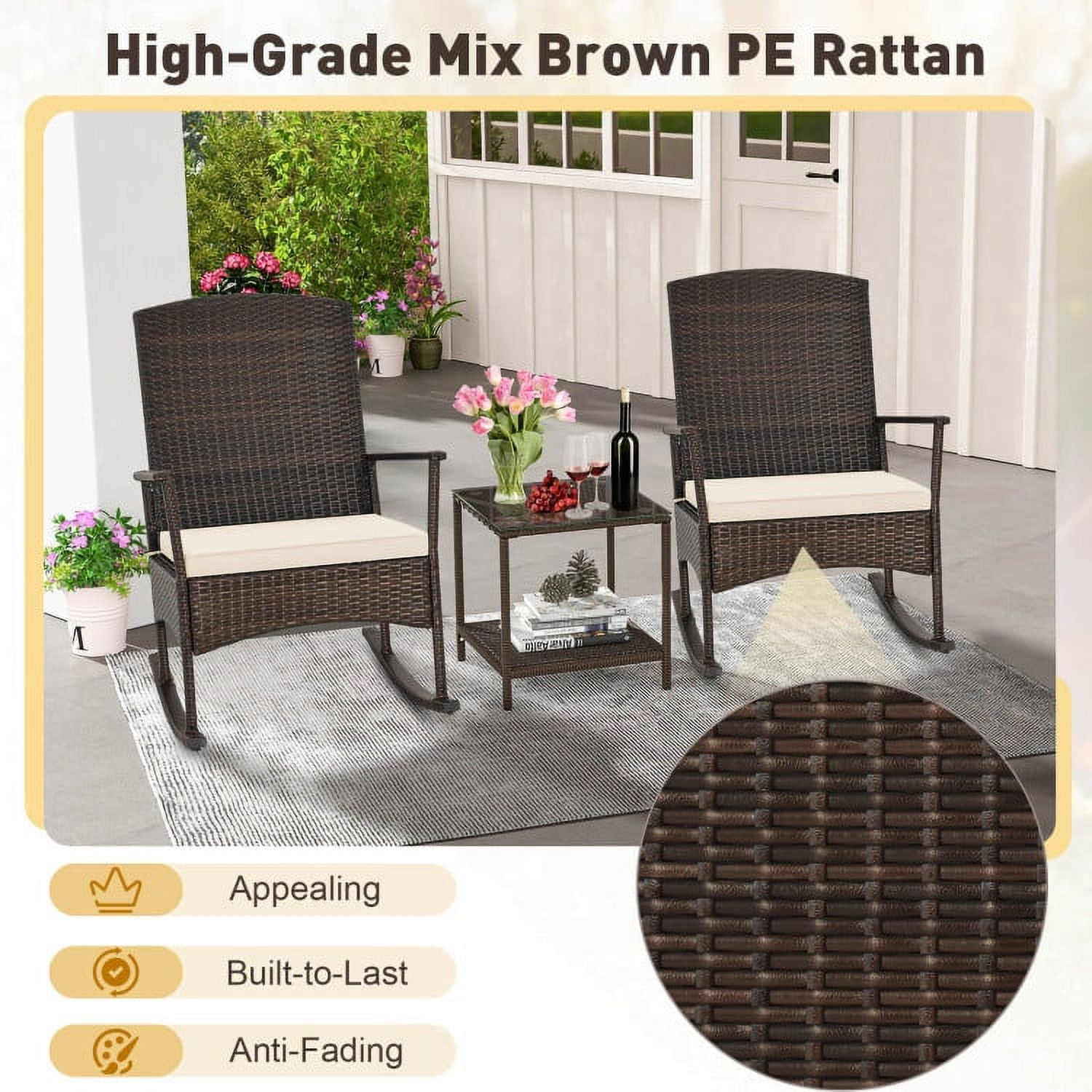 Aimee Lii 3 Piece Patio Rocking Set, Wicker Rocking Chairs with 2-Tier Coffee Table, Outdoor Patio Set, Off White Aimee Lii 3 Piece Patio Rocking Set, Wicker Rocking Chairs with 2-Tier Coffee Table, Outdoor Patio Set, Off White