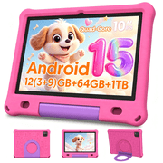 10inch Kids Tablet Android 15,1280x800 HD Ips Display Tablet with Eva Case,12GB (3g+9g) RAM+64GB Rom,Quad-Core, Wi-Fi6,6000mAh,Parental Control App Google Certified - Pink