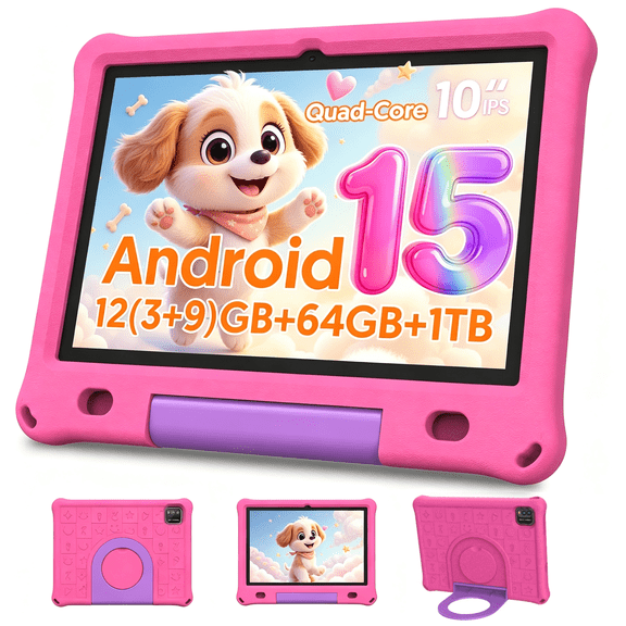 10inch Kids Tablet Android 15,1280x800 HD Ips Display Tablet with Eva Case,12GB (3g 9g) RAM 64GB Rom,Quad-Core, Wi-Fi6,6000mAh,Parental Control App Google Certified - Pink