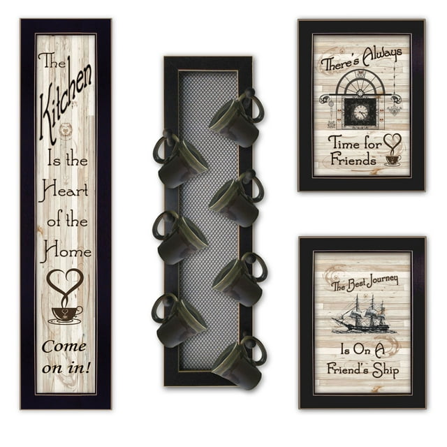 Trendy Decor4U Kitchen Collection VII 4-Piece Vignette with 7-Peg Mug Rack by Millwork Engineering Printed Wall Art, 10 Inch x 32 Inch, Earthtone
