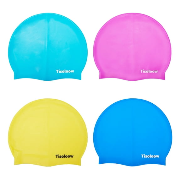 Tisoloow Kids Swim Caps for Boys Girls Waterproof Bathing Caps Durable Non-Slip Swimming Pool Cap Elastic Swimming Cap Light Blue&Purple&Dark Blue&Yellow One Size
