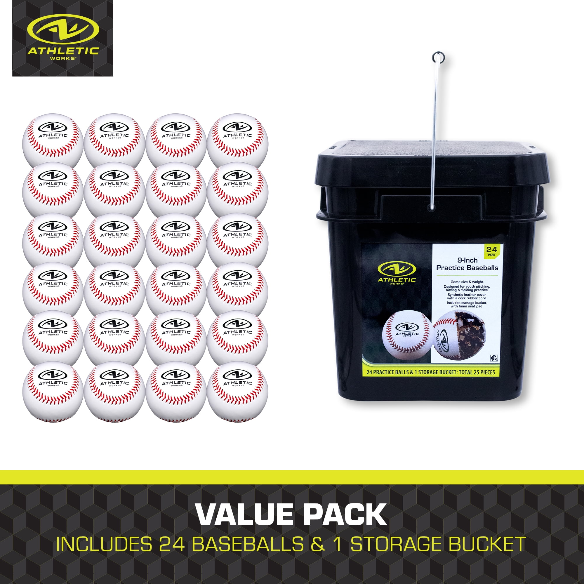 Athletic Works 9-Inch Leather Baseball with Bucket – 2 Dozen