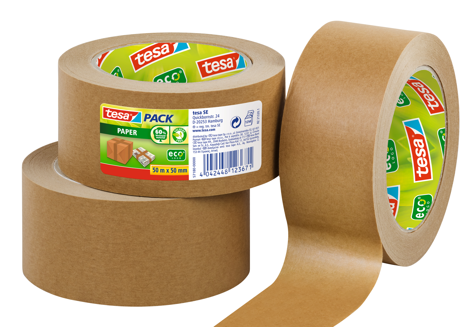 tesa Strong Brown Paper Carton Sealing Tape Eco Friendly Packing Tape Secure Packaging Tape, 2" x 55 yd