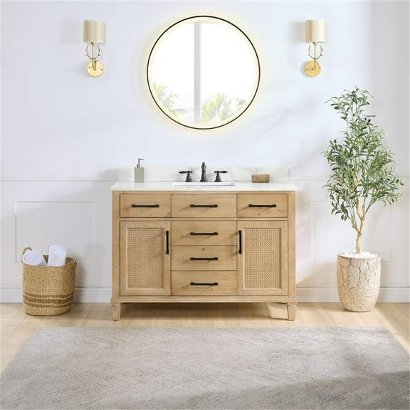 Solana 48" Wood Vanity in Weathered Fir Calacatta White Quartz Top with Mirror