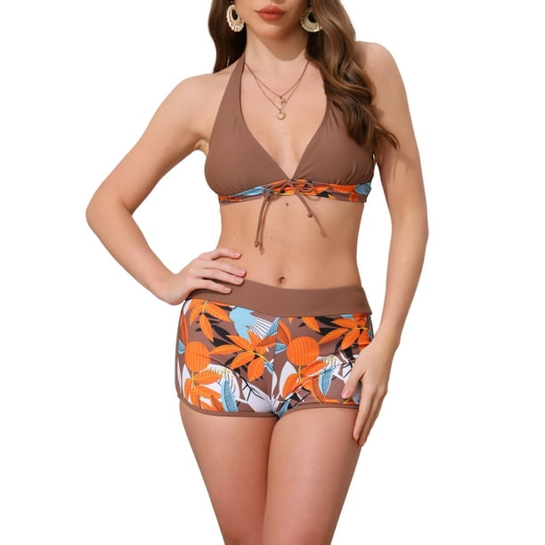 Conjuntos de bikini de dos piezas con top halter y pantalones cortos para mujer Inspire Chic, estampado de hojas, color bloque, talla X-Large, marrón