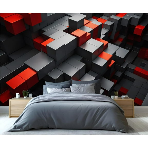 3D Geometric Cube Wall Murals, Red Black Cube Murals For TV Background, Modern Fashion Poster For Living Room, Solid Geometry Wall Photo, Geometry Home Decor & Gift 55"W x 28"H (Not Peel and Stick)