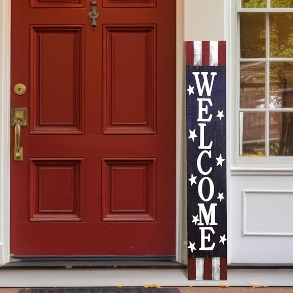 Cskhip 4th of July Patriotic Red White Blue-Welcome Rustic Wood Signs Pantry Street Signs Vintage Wood Plaque Farmhouse Wall Art Wall Decor for Home Man Cave Door Porch Garden Party 4" x 16"