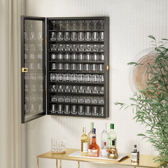 Ymokee Large Wall-Mounted Curio & Shot Glass Display Case 72 Slots with Acrylic Lockable Door & Removeable Shlves for Home, 26.85" x 17.5" x 3.35", Black