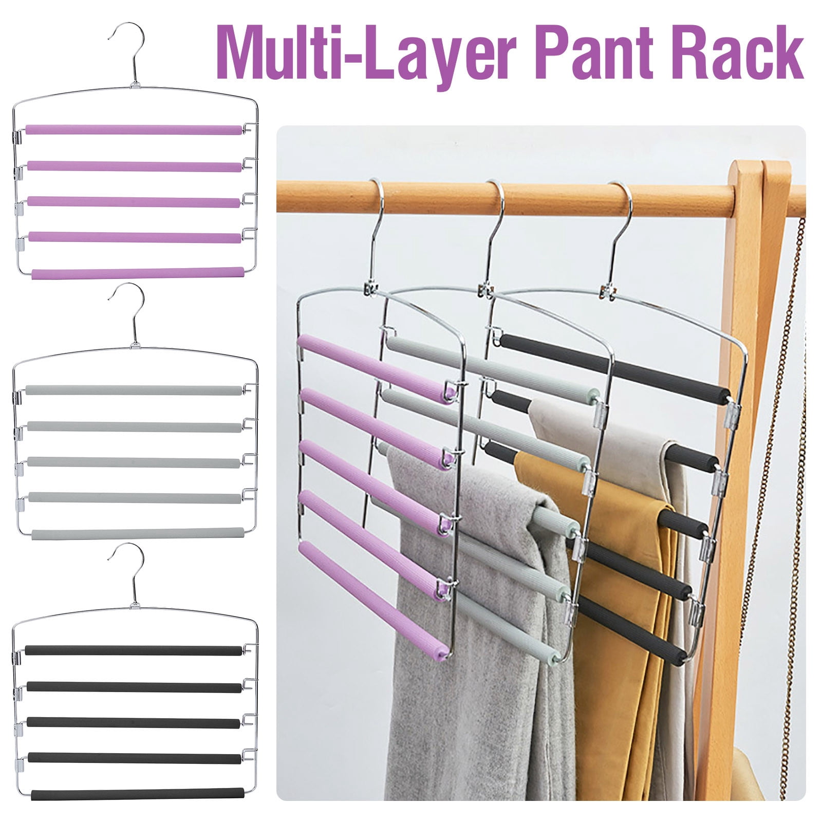 Hgallory Multi-Layer Space-Saving Pant Hangers, Non-Slip 5 Tier Metal Clothes Hangers Closet Organizers and Storage, Dorm Room Supplies Pants Scarf Jeans Organizer, Black, 15.4"x14.4"