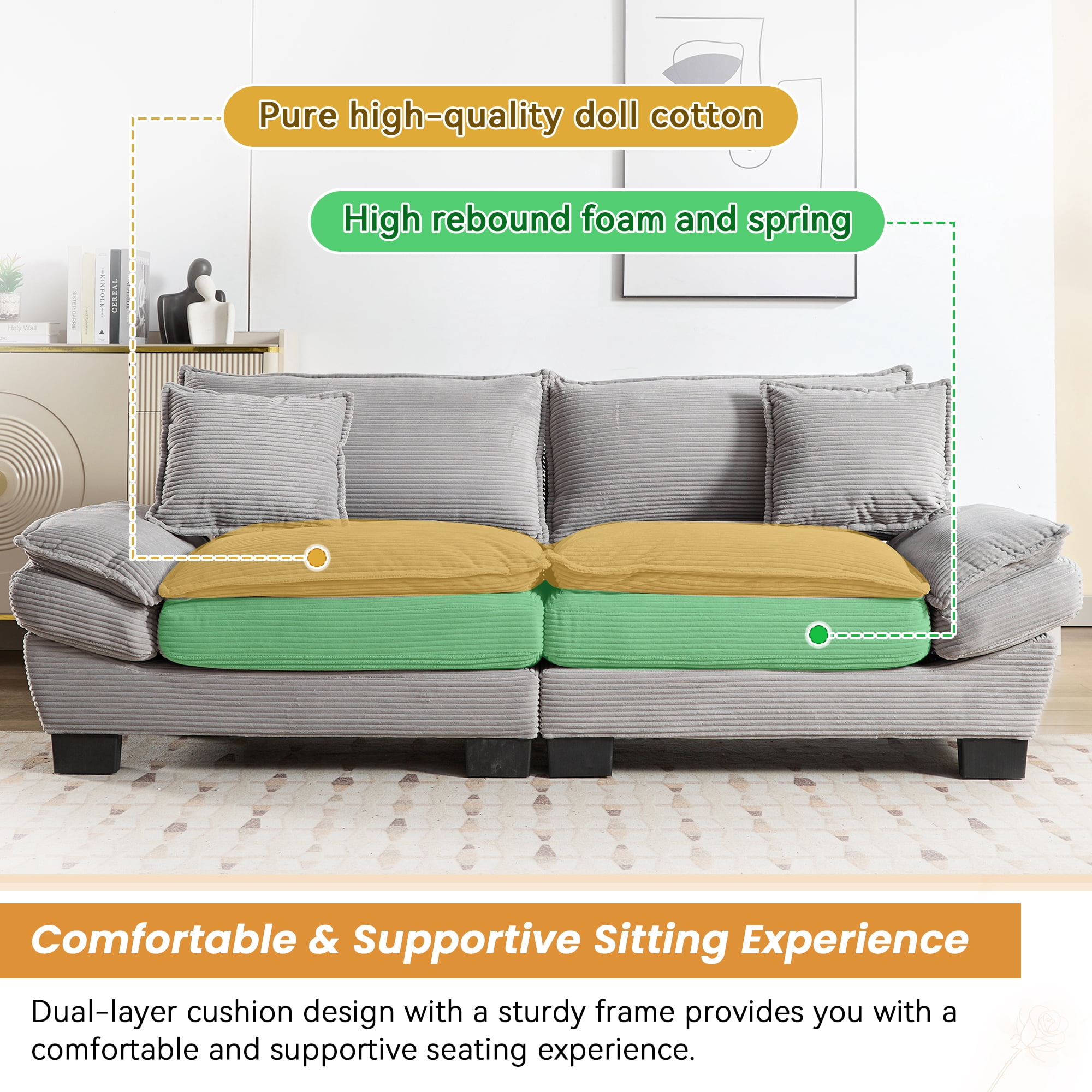 Dinosisco 84"L Deep Seat Sofa, Corduroy Upholstered Sleeper Couch for Living Room, Light Gray