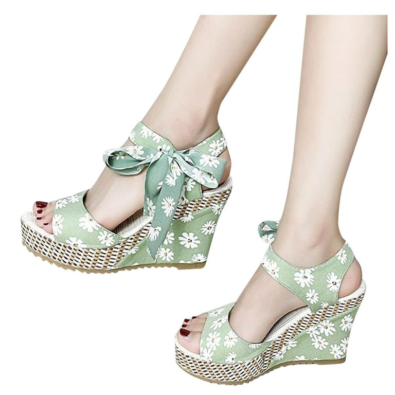 Itsun Wedge Sandals for Women,Womens Wedges Heels Open Toe Tie Lace Up Platform Ankle Strap Summer Dress Sandals Green, Women's, Size: 8.5