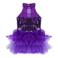 thumbnail image 4 of Aiihoo Kids Girls Sleeveless Mesh Splice Shiny Sequins Dance Leotards Ruffles Tulle Jumpsuit Jazz Gymnastics Unitards Purple 7, 4 of 7