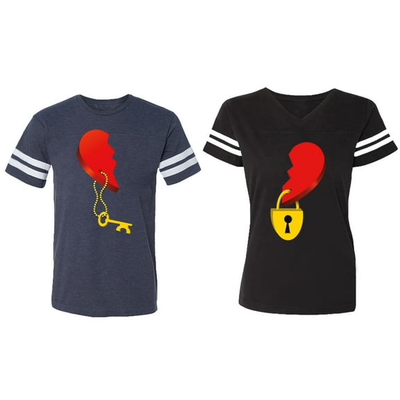 Heart Key Lock Matching Couple Cotton Jerseys (Men Navy / Women Black) (Men S / Women S)