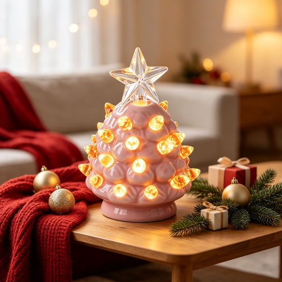Ceramic Christmas Tree Table Top Christmas Tree with Multicolor LED Lights Mini Hand-Painted Christmas Tree for Holiday Decoration for Mantel Table Or Desk