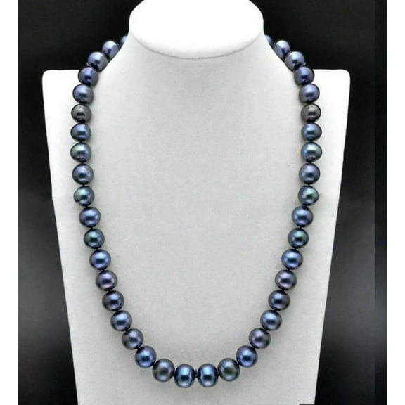 EOEMY Fashion 9-10 mm Natural South Sea Tahitian Black Blue Pearl Necklace 18'' Aaa