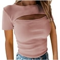 thumbnail image 2 of ALLLIST Trendy Tops for Women 2024 Pink Crew Neck Solid Hollow Short Sleeve T-Shirts Women's Blouse S, 2 of 5