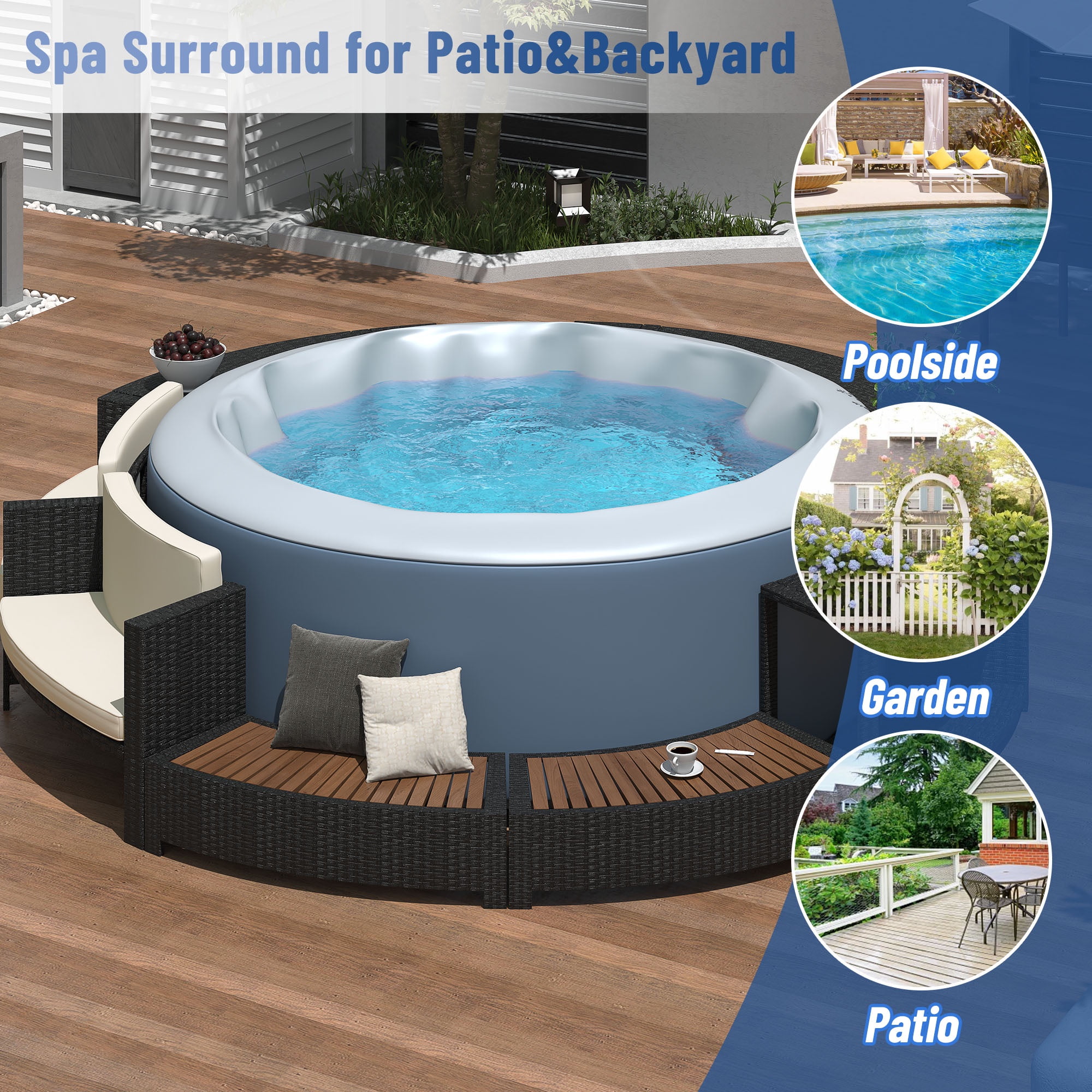 Outdoor Rattan Furniture Set Hot Tub Parts, Surround Outdoor Spa Sectional Sofa Frame, Loveseat with Beige Cushions, Wooden Bench, Storage Cabinet, Large Top Space, 112.2’’Dia