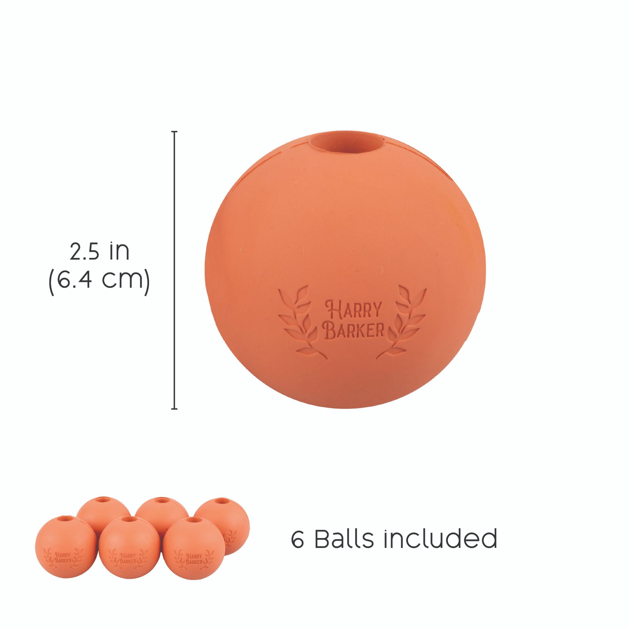 Harry Barker Durable All-Natural Rubber Balls for Dogs, 2.5" Rubber Balls, Orange, 6 Pack Set